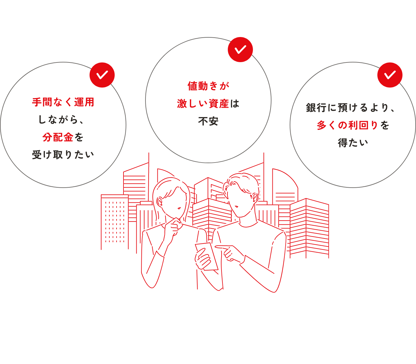 ・手間なく運用しながら、分配金を受け取りたい・値動きが激しい資産は不安・銀行に預けるより、多くの利回りを得たい